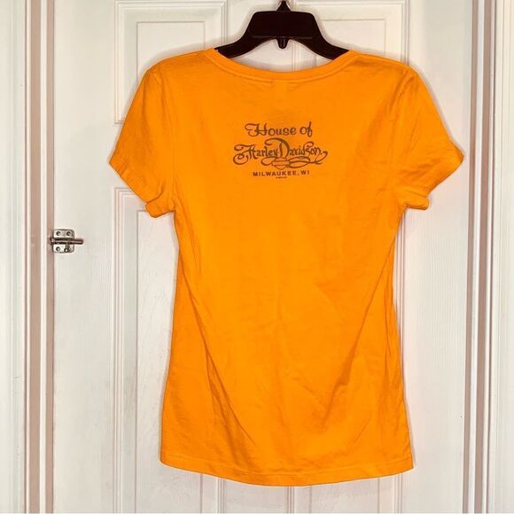 Harley Davidson Orange Tribe V Neck Tee Size Small - Picture 6 of 10